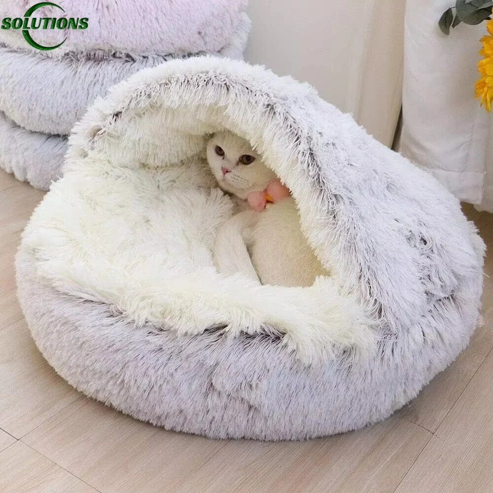 Cat Bed Soft Plush Covered Circular Enclosed Round Cat Bed Kitten Cushion Comfortable Sleep Bag Cat Nest Kennel For Small Pet ﻿