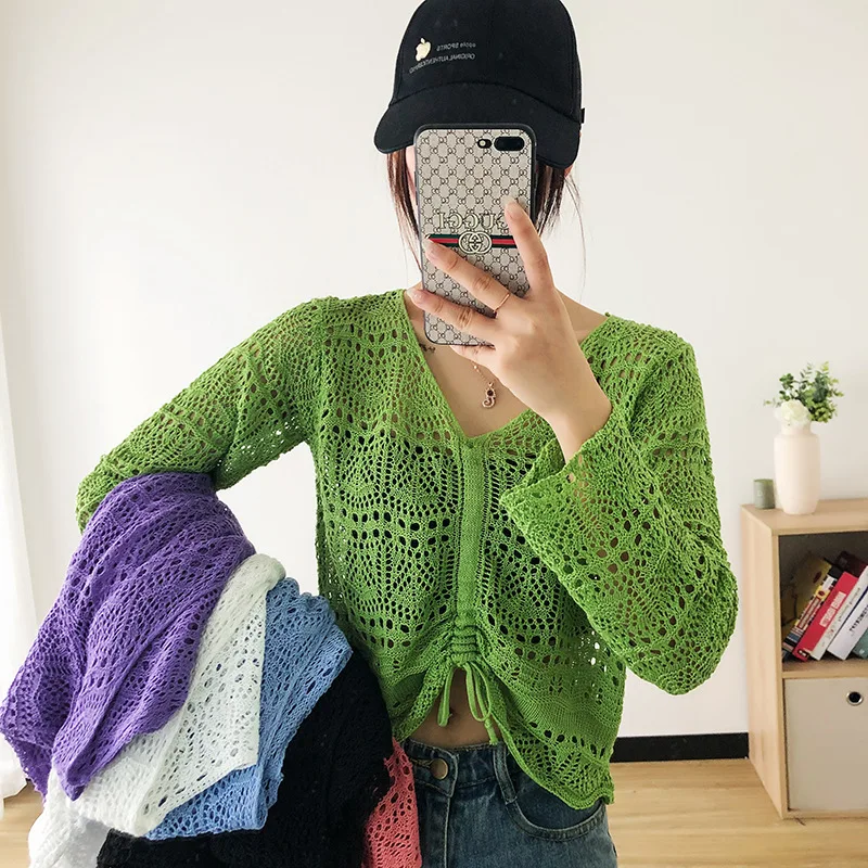 Women Y2k Crochet Knit Hollow Out Crop Top Long Sleeve Shrug Sweater Mesh Cover Ups Cardigan V-neck Streetwear Pullover Women