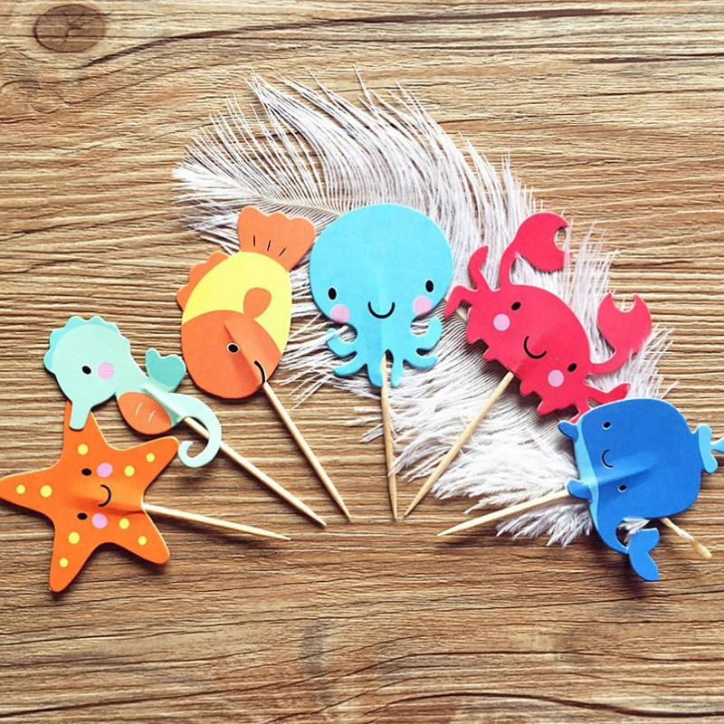 24pcs Ocean Animal Cupcake Toppers Under The Sea Birthday Party Cake Decorations Baby Shower Girls Mermaid Themed Party Supplies