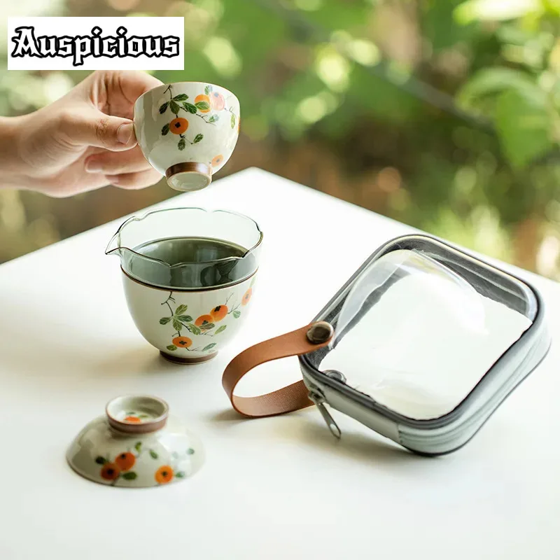 

Pure Hand-painted Persimmon Ceramic Kung Fu Tea Set Portable Travel Porcelain Teaset Gaiwan Tea Cups Tea Tool with Carry Bag