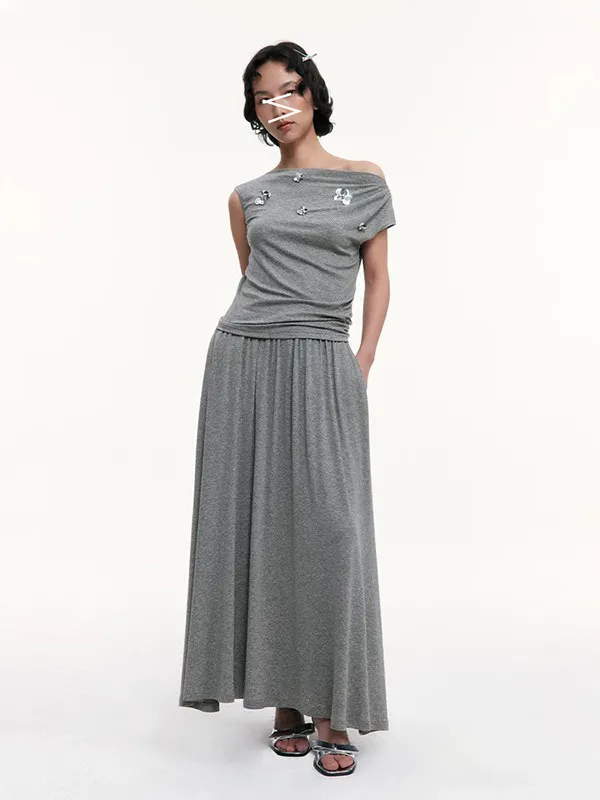 

Retro Beaded 3D Floral Asymmetrical Shoulder Bridesmaid Dresses Slimming A-Line Skirt Long Set Women's Fashion Spring Ou...