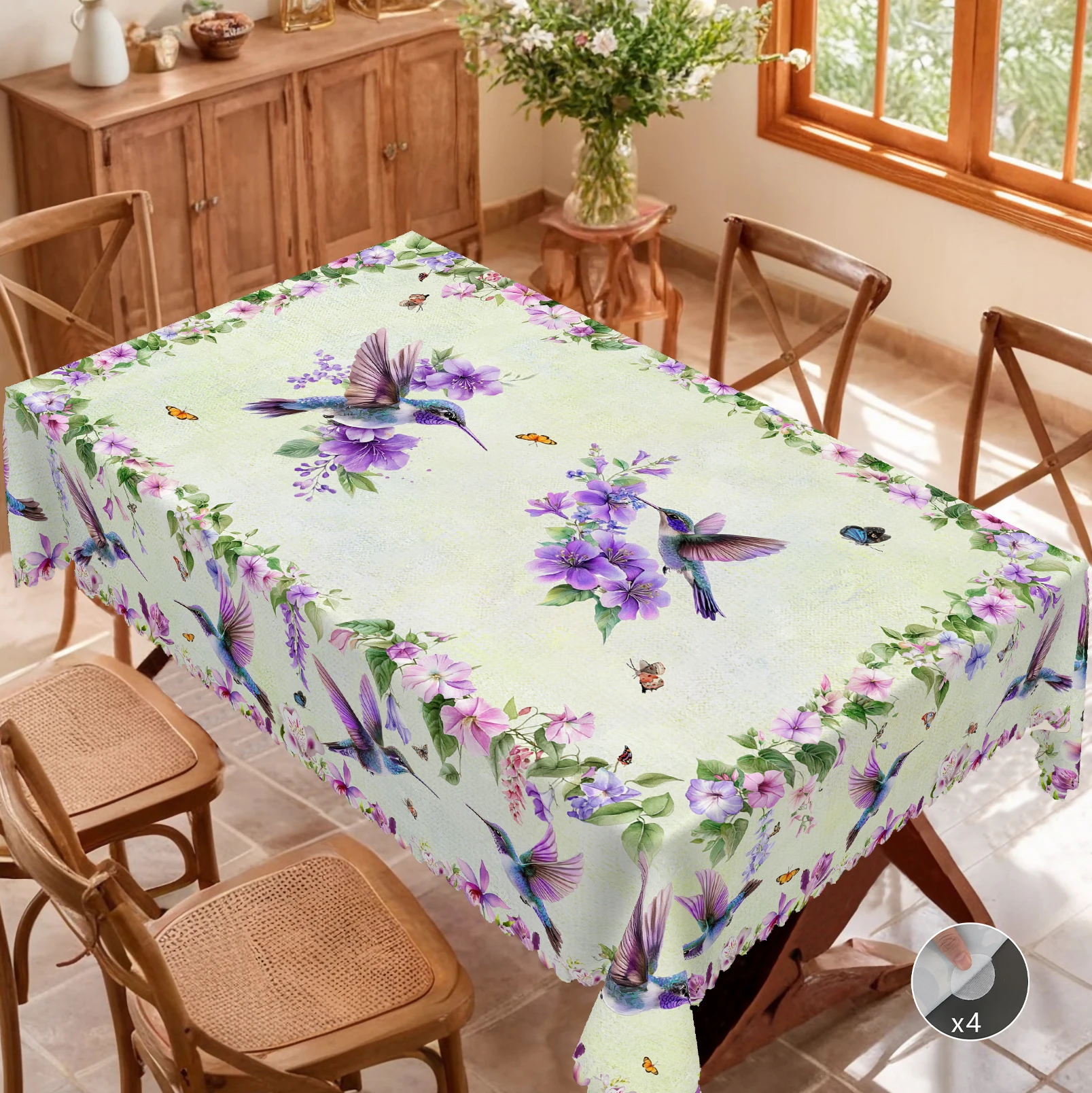 1 Piece of Hummingbird Floral Round and Rectangular Tablecloth, Available in Various Sizes, Featuring a Hummingbird with Blue Feathers Flapping Its Wings Intertwined with Elegant Pink and Purple Hibiscus Flower Clusters, Adorned with Fluttering Butterflies and Lush Green Leaves, with Embossed Edges, Suitable for Family Gatherings, Patio Gardens, Spring Atmosphere Decoration, and Four-Season Home Decor