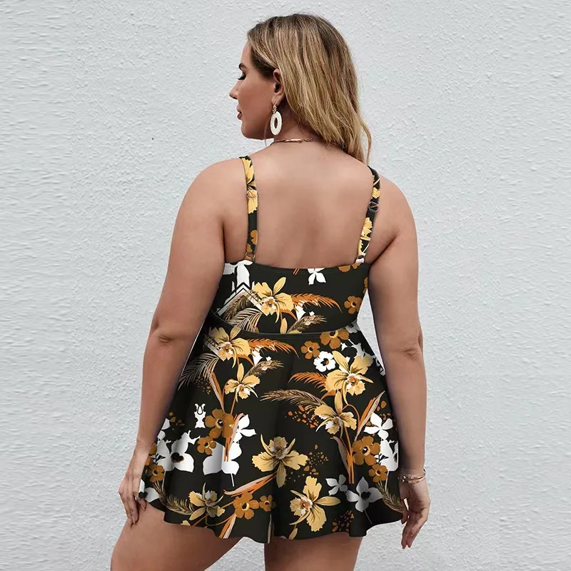 Kinis de talla grande europea y americana para mujer, falda estampada multicolor, traje de baño ajustado, bóxer de cintura alta adelgazante