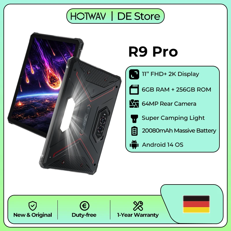 HOTWAV R9 Pro IP68 & IP69K Tablet 11'' FHD+ 2K Display 20080mAh Riesiger Akku 20W Schnellladung Super Campinglight Pad Android 14 6GB 256GB 64MP + 16MP Kamera Global 4G Octa-Core Tablet-PC