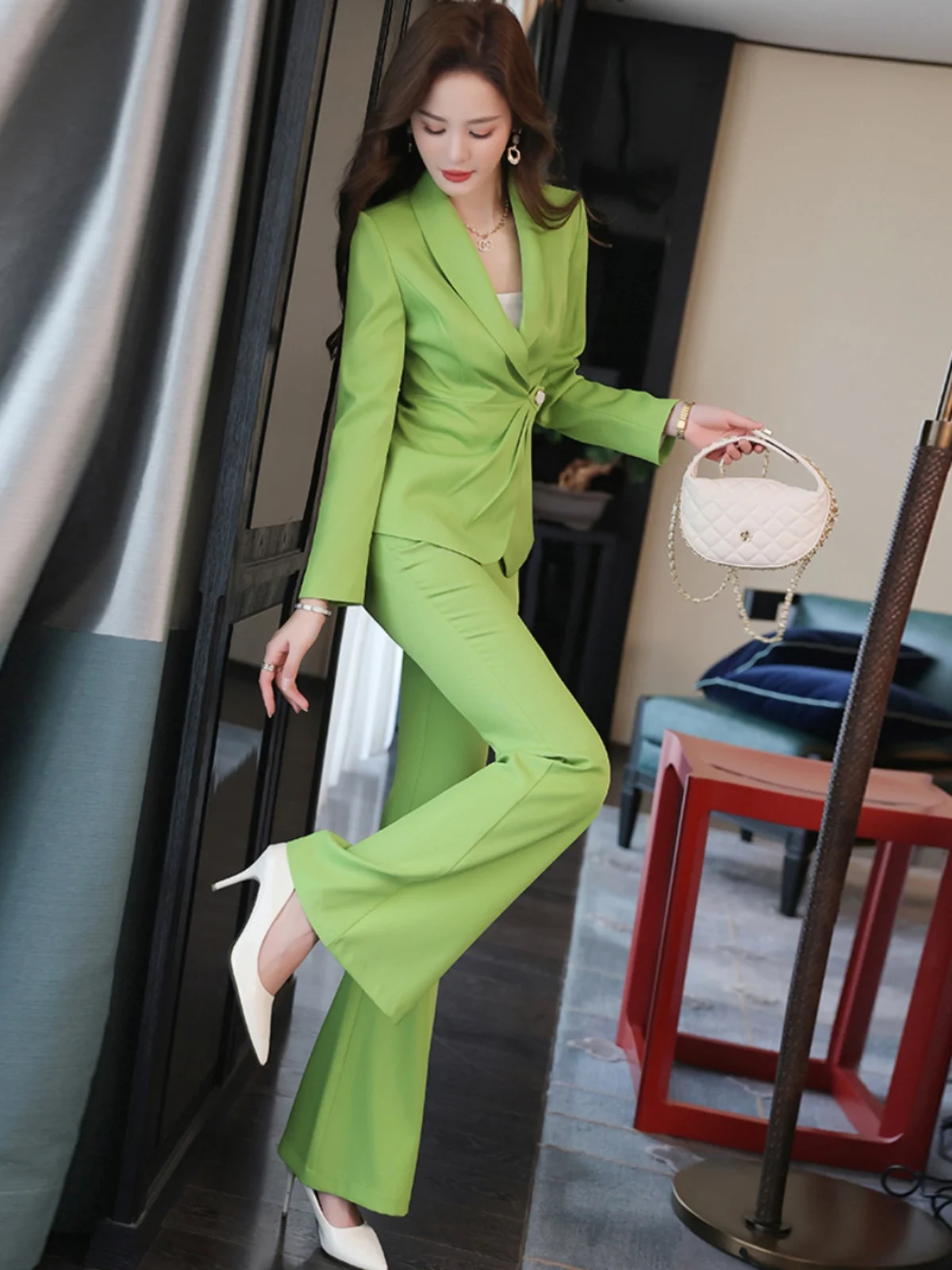 

een Faionable Casual Profional Women's Suit Set Two Pieces Autumn New Sle Slimming Small Suit Sli Bell Bot Pants