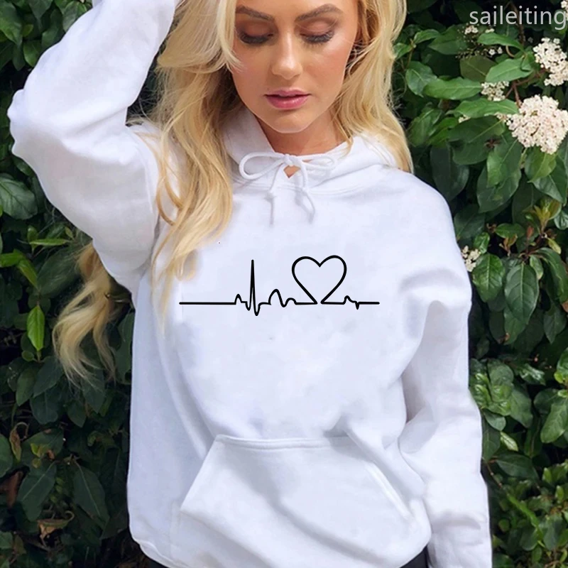 2025 Felpa con cappuccio con tasca a marsupio casual da donna nuova Felpa con stampa battito cardiaco autunno inverno Felpa con cappuccio da donna Top Streetwear