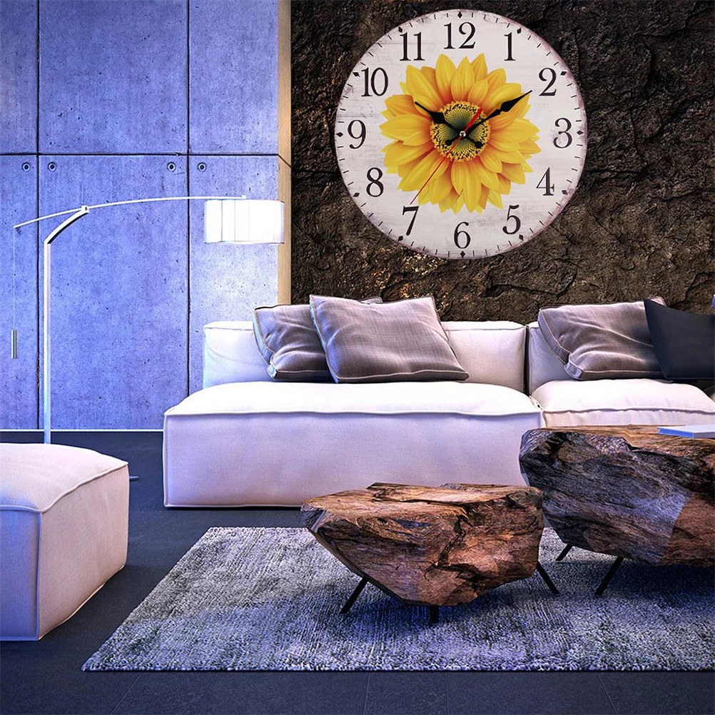 

30cm Wooden Sunflower Wall Clock Creative Silent Round Decor for Bedroom Living Room Office Vintage Wooden Wall Clock