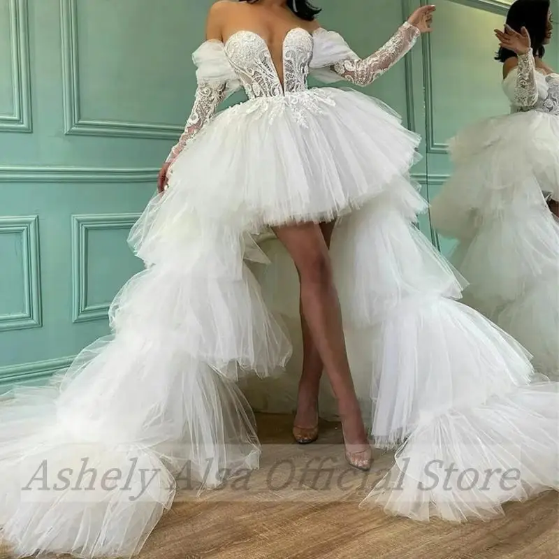 Vestidos de baile de luxo personalizados para ocasiões especiais com trem destacável 2025 renda tule manga comprida vestido de festa de casamento à noite