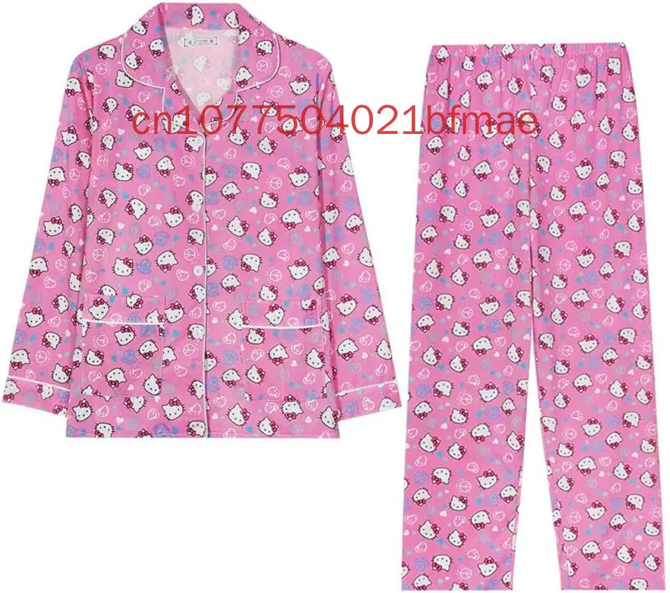 Disney-Conjunto de pijama casual feminino de manga comprida, camisa Hello Kitty, nova primavera-verão