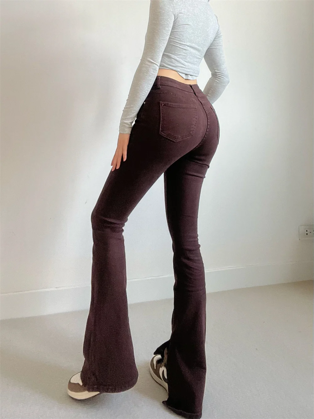 Peach Hip Micro Flare Jeans Women's Slim High Waist Spice Girl's Side Split Straight Leg Trousers Denim Pants K001