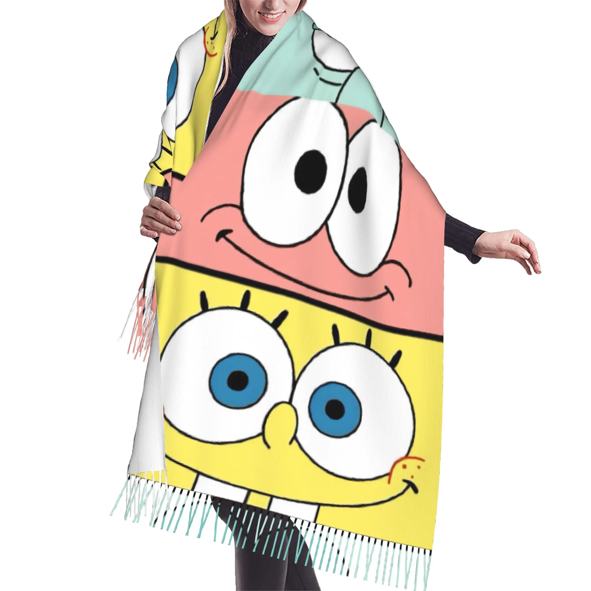 Custom Ladies Large S-Sponges Anime Bobes Scarves Women Winter Fall Soft Warm Tassel Shawl Wrap Starfish Cartoon Scarf