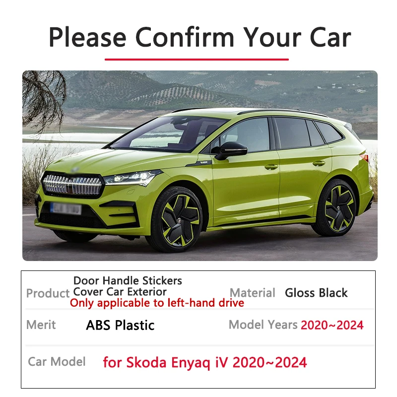 for Skoda Enyaq iV 2020 2021 2022 2023 2024 Gloss Black Left driving Door car Handle Cover Sticker Styling Protective Accessorie