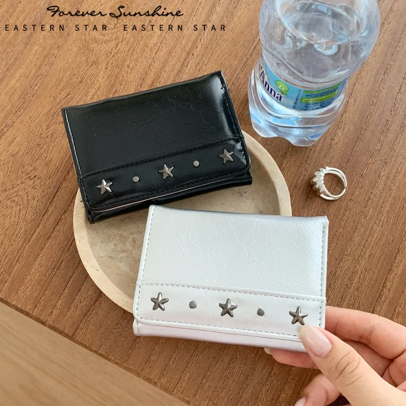 Vintage Korean Star Rivet Tri-Fold Wallet for Women, Large Capacity Zipper Coin Purse with Crinkled Texture, Ins Style Clutch