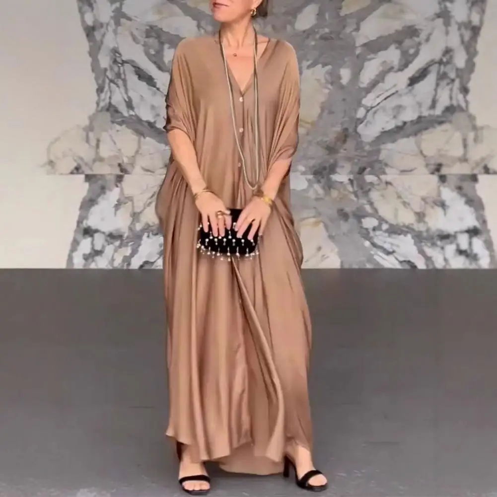 Women Solid Color Dress Elegant V-neck Maxi Dress with Batwing Sleeves Buttoned Placket Solid Color Satin Shirt Dress for Women