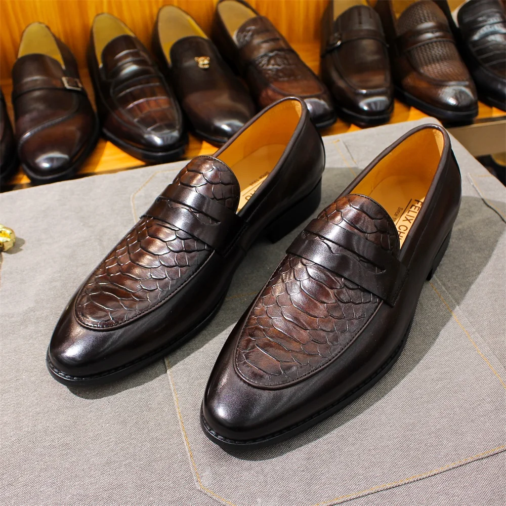 Men's Slip-On Loafers - Unique Snake-Skin Design in Black/Brown, Premium Quality, Comfortable & Versatile for All Occasions