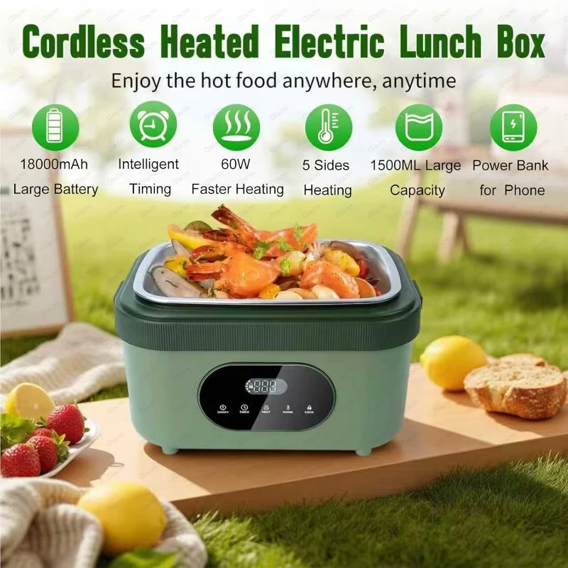 Gison 1.5L Portable Wireless Heated Lunch Box 18000mah Electric Heated Lunch box LED Display 60W Food Warmer for Work Travel Car view 2