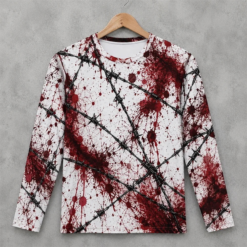 3D Print Horror Red Blood Stains Pattern Halloween Long Sleeve T Shirt For Men Vintage Halloween Party Personality OOTD Tee Top view 3