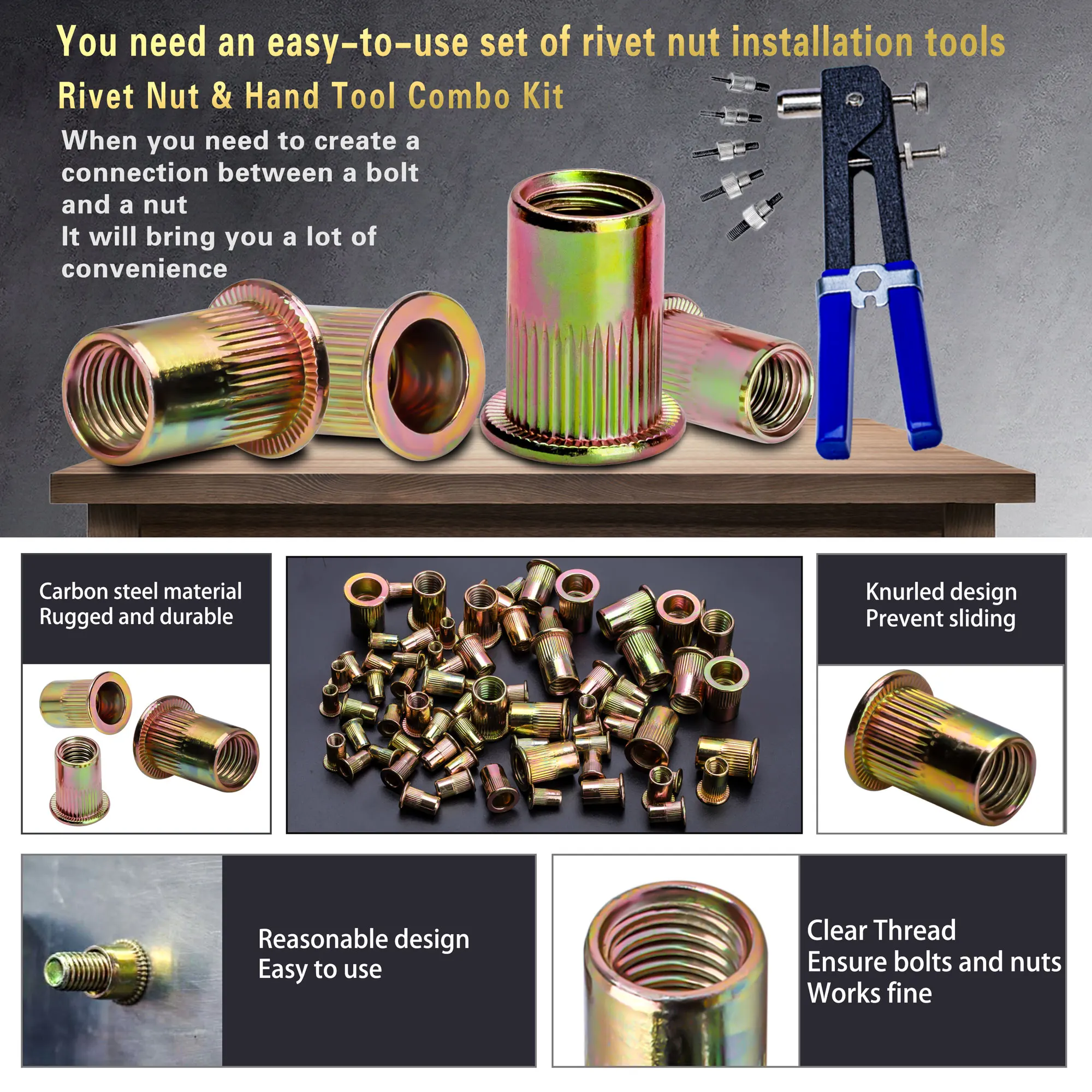 مجموعة أدوات صامولة برشام الضغط، مجموعة صامولة برشام من الفولاذ الكربوني 430 قطعة (M8/M6/M5/M4/M3)، مناسبة للأثاث والديكور #3