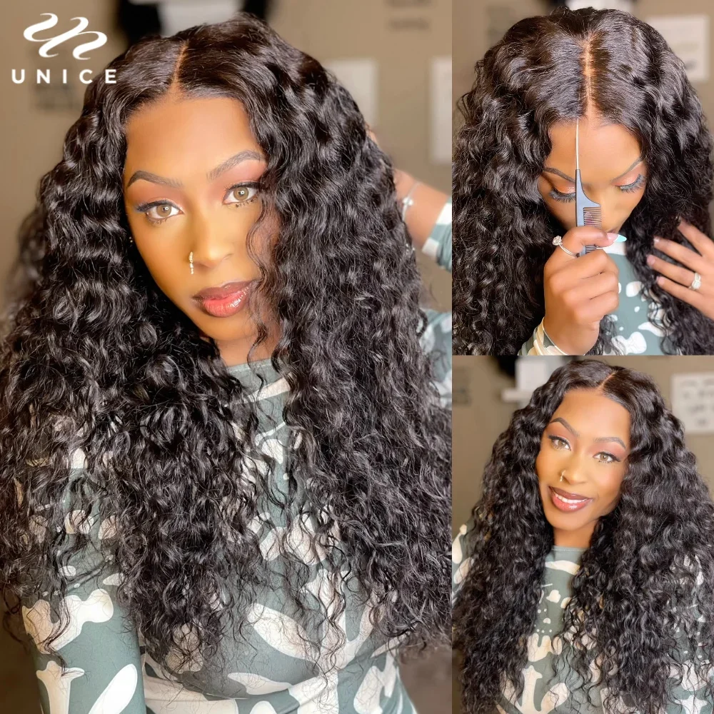 Unice Hair Pre Cut 7X5 Curly Glueless Wig Human Hair Ready To Wear Pre Bleached Knots Pre Plucked Curly Lace Wigs 150% Density