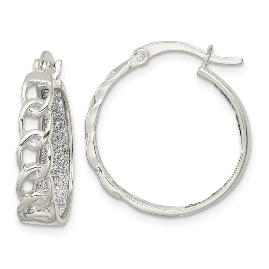 

Sterling Silver Polished Fabric Glitter Hoop Links Round Hoop Earrings
