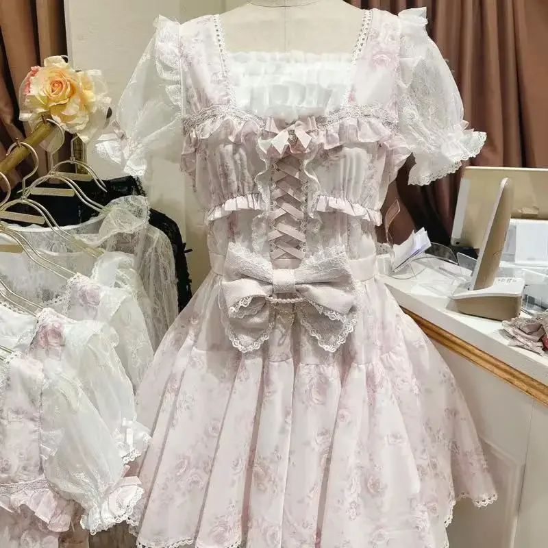 Sweet Print Japanese Mine High Waist Lolita Short Sleeve Summer Dress for Women Sweet Rose Ribbon Slim Bow Floral Princess Dress