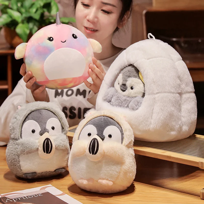 Cute Penguin Nest Plush Toy Stuffed Fluffy Narwhal Penguin Soft Doll Plush Animals with Nest Toy Birthday Gift Home Decor