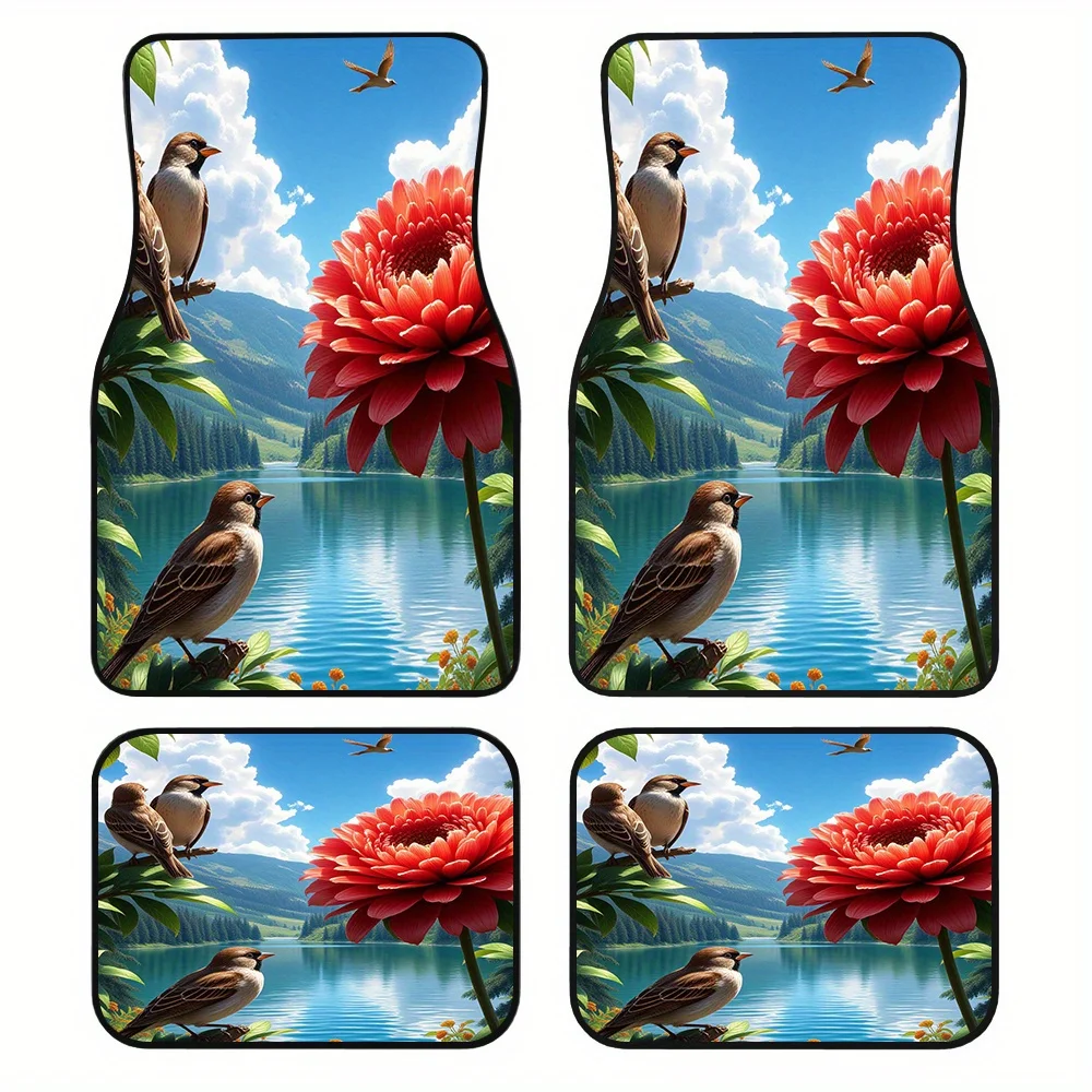 4pcs Auto Mats Highlighting Sparrow Apple Flower Landscape Motif, Compatible With Crossovers Or Trucks, Presenting Convenient Cl