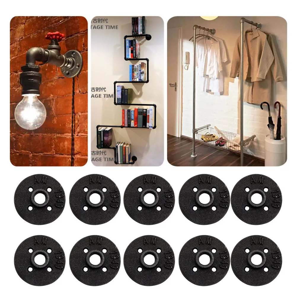 

10Pcs Malleable Flange Base Threaded Floor Flange Sturdy Iron Fittings Industrial Furniture Shelving Curtain Rail Frames Hangers