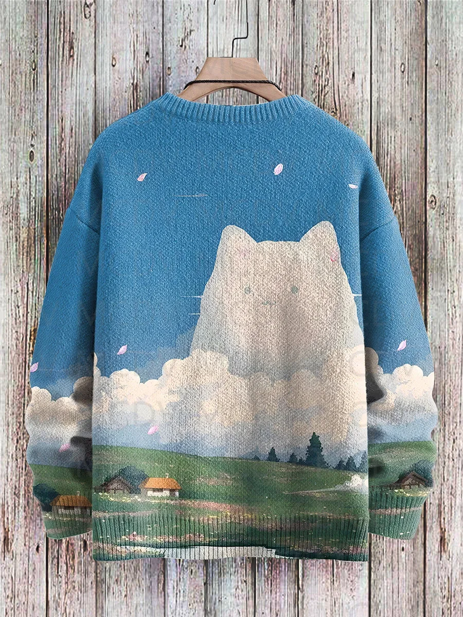 Retro Japanese Style Painting Cat Art Casual Print Knit Pullover Sweater Women For Men Sweater