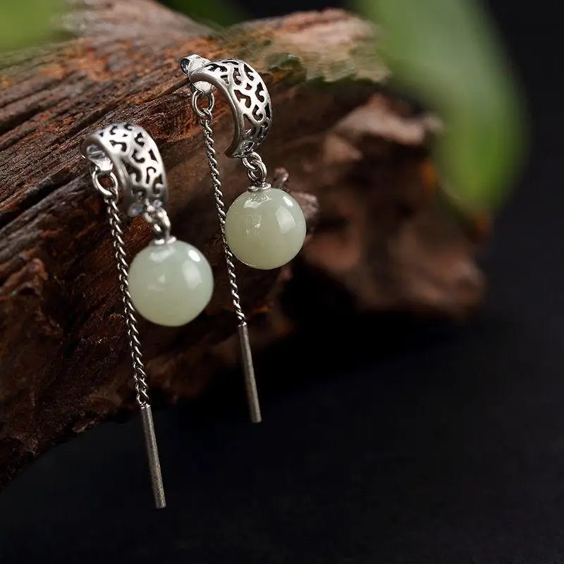 Ladies green long section Chinese style natural Hetian white jade inlaid round bead earrings exquisite fashion jewelry