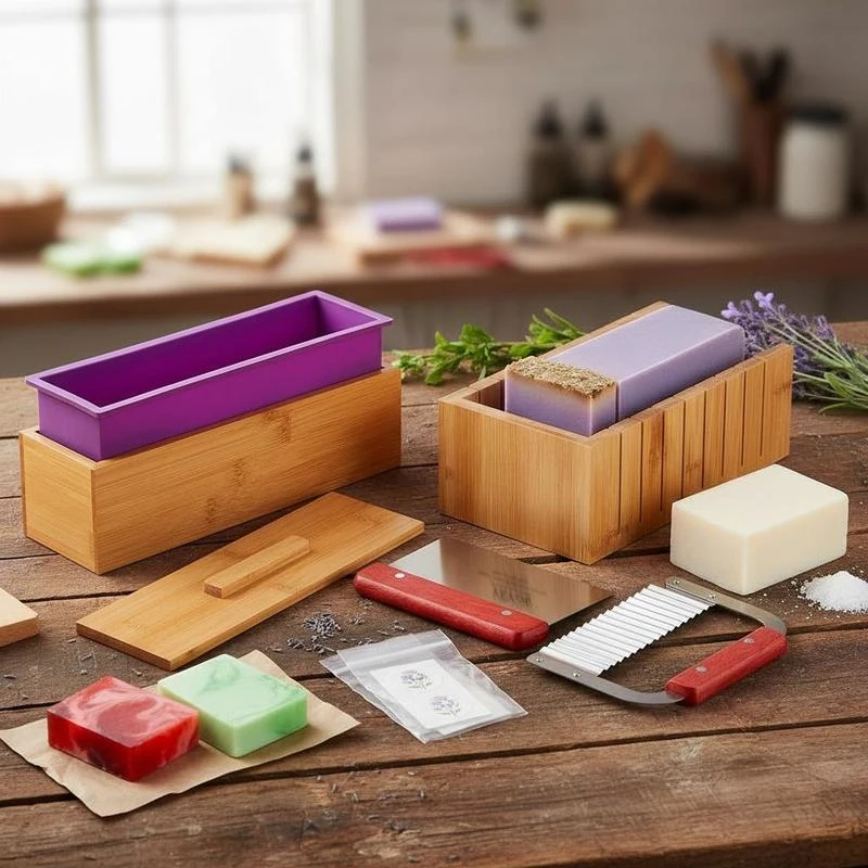 

Handmade Soap Crafting Set 11x4x3 Inch For DIY Gifts Home Spa Hobbyist Production Wood Slicer Silicone Liner Straight Blade Wavy Cutter Packaging Bags Labels Soapmaking Tool Kit