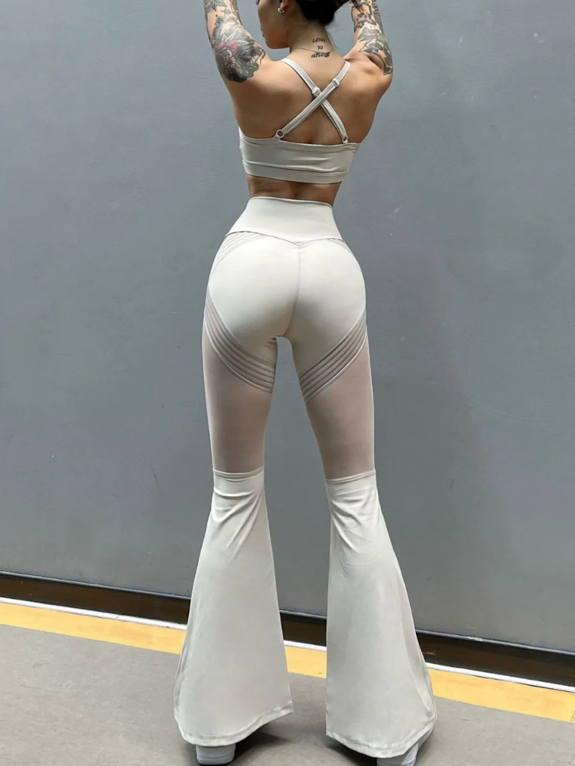 Hot Girl Sexy Mesh Spliced Sports Yoga Bell-Bottomed Pants Women's Fitness Dancing Hip Lifting High Waist Leisure Slimming Pants