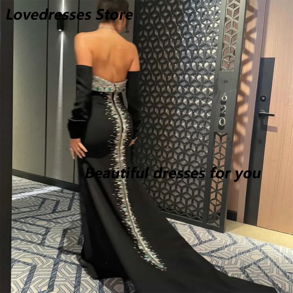 Customized Black Off Shoulder Long Sleeve Mother Of Bride Dresses Mermaid Back Rhinestone Beaded Train Wedding Formal Dress