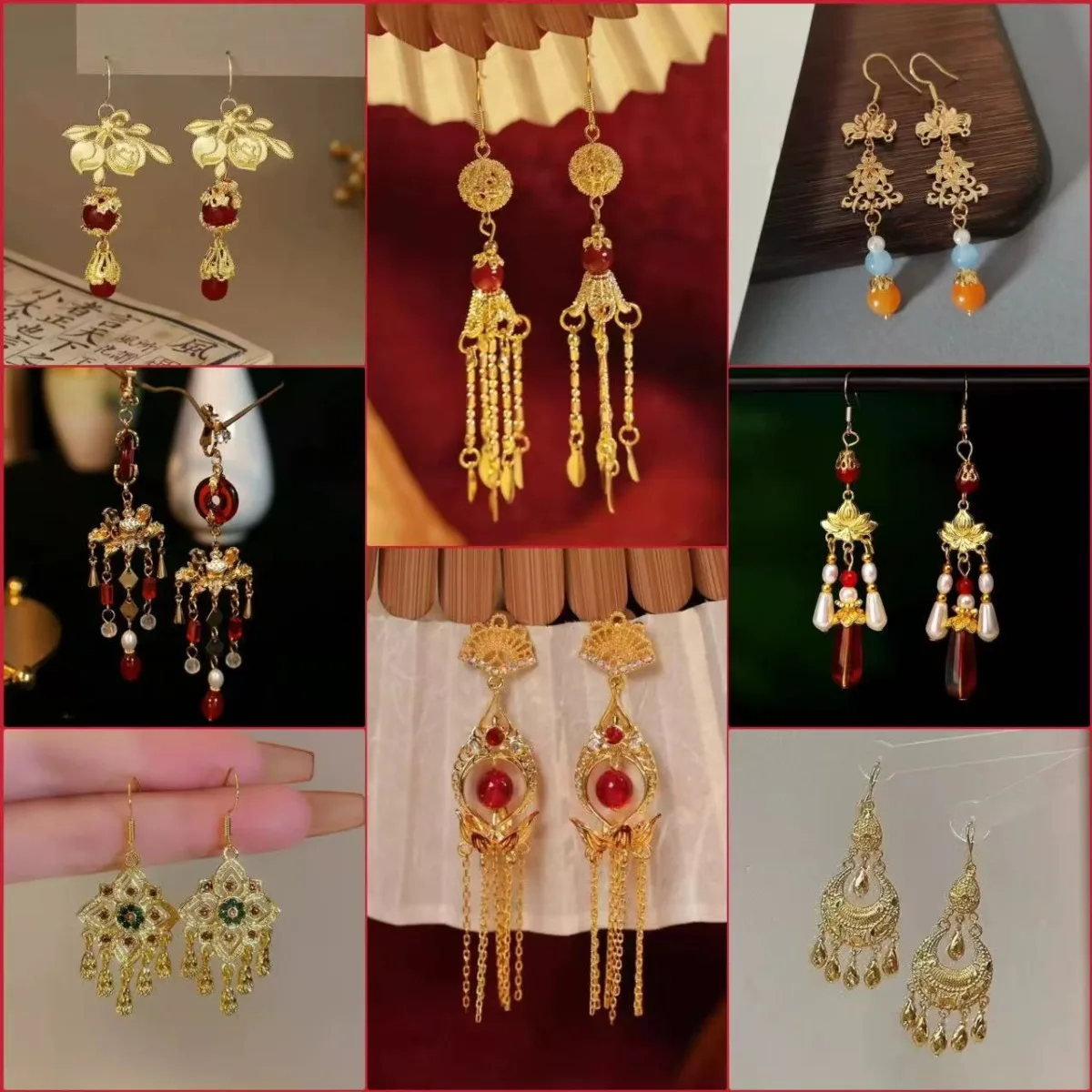 

Vintage Court Craftsmanship Golden Pendant Tassel Earrings for Women Ethnic Chinese Traditional Red Color Wedding Jewelry Gifts