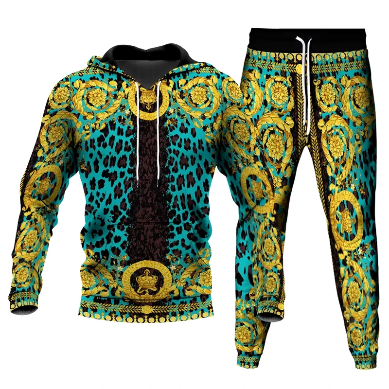 Luxury Golden Pattern 3D Print Men's Tracksuit Set Casual Hoodie+Pants 2pcs Sets Oversized Sweatshirt Fashion Man Clothing