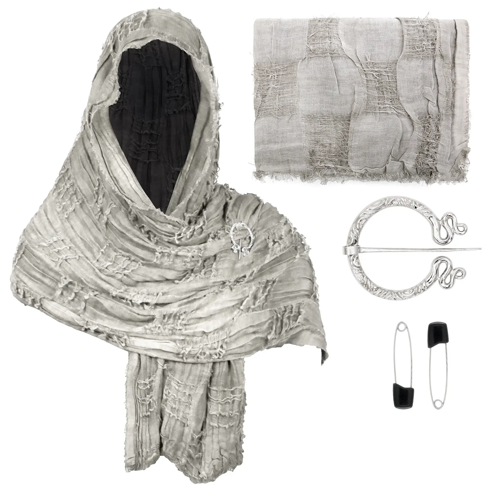 Unisex Medieval Renaissance Hooded Cowl Multifunctional Scarf Shawl Cape Halloween Cosplay Costume Brooch Accessories Set