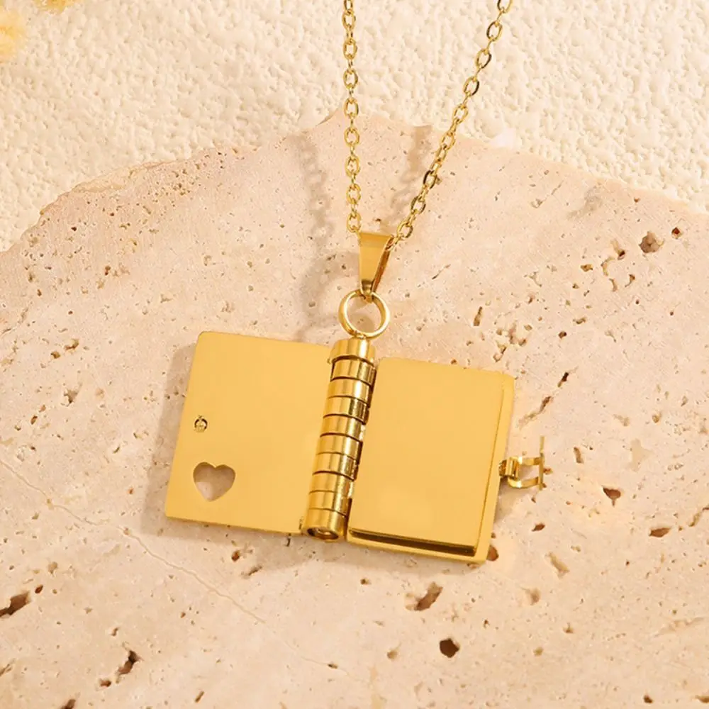 Stainless Steel Book Pendant Necklace Metal Openable Women's Sweater Chain Charm Neck Jewelry Lovers Choker Necklace Girls