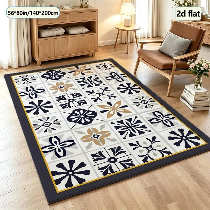 Moroccan Tile Floral Pattern Carpet Bohemian Style Square Rug Suitable for Kitchen, Living Room, Home Decor