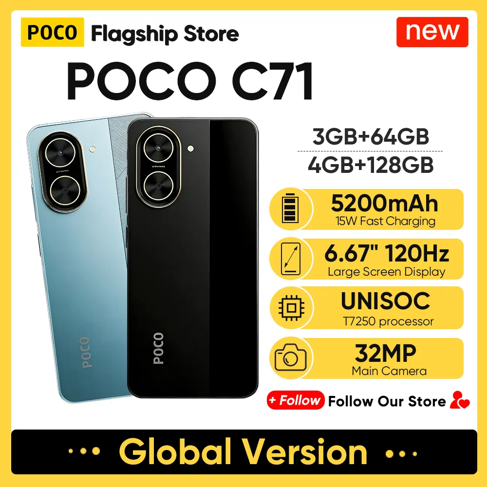 

POCO C71 Global Version Smartphone UNISOC T7250 6.88" 120Hz Display 32MP AI Dual Camera 5200mAh Battery 15W Fast Charge