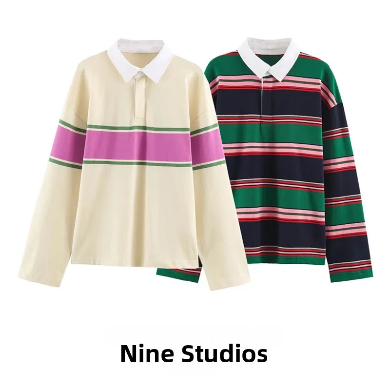 NINE ZAR Women's Long Sleeve Patchwork Striped Color Block  Shirt Casual Loose Fit Spring 2026 Daily Wear Other Material