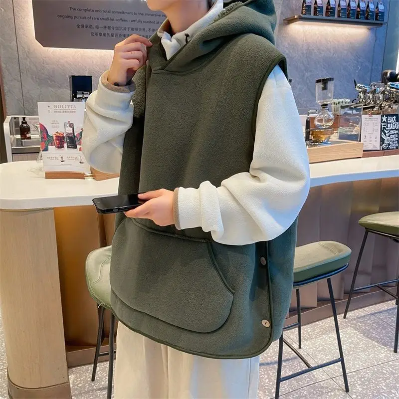 

Velvet Thickened Warm Vest For Men Women In Autumn And Winter Loose Fleece Hooded Jacket Trendy Brand Sleeveless Vest