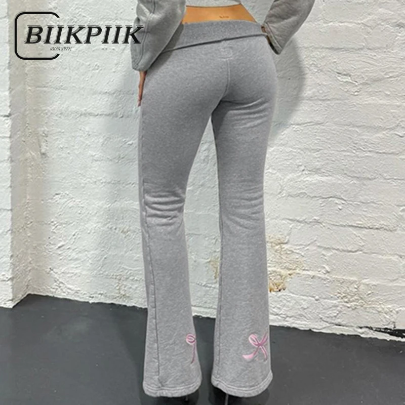 

BIIKPIIK Embroidery Bow Knitted Flare Pants Women Casual Grey Slim Fit Sweatpants Concise All-match Trousers Sporty Sweet Bottom