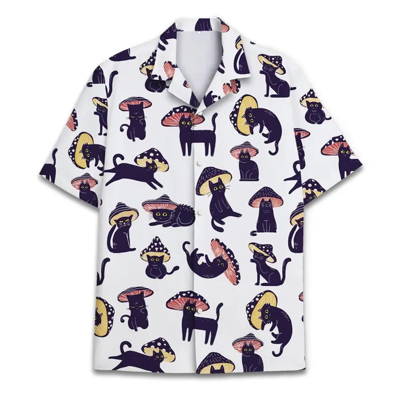 Men's Hawaiian Shirt Cute Cat Head Animal Print Casual Short Sleeve Button Down Summer Beach Vacation Outfit Tops Men Clothes