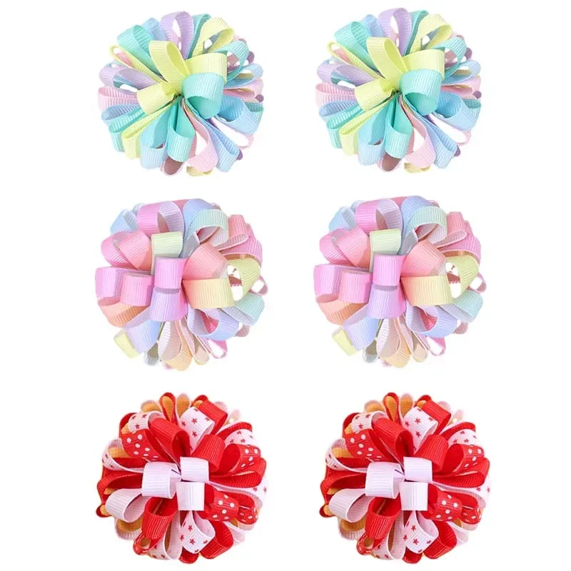 Oaoleer 2Pcs Rainbow Ribbon Flower Hairpins For Women Girls Double Color Hair Clips Barrettes Princess Headwear Hair Accessories