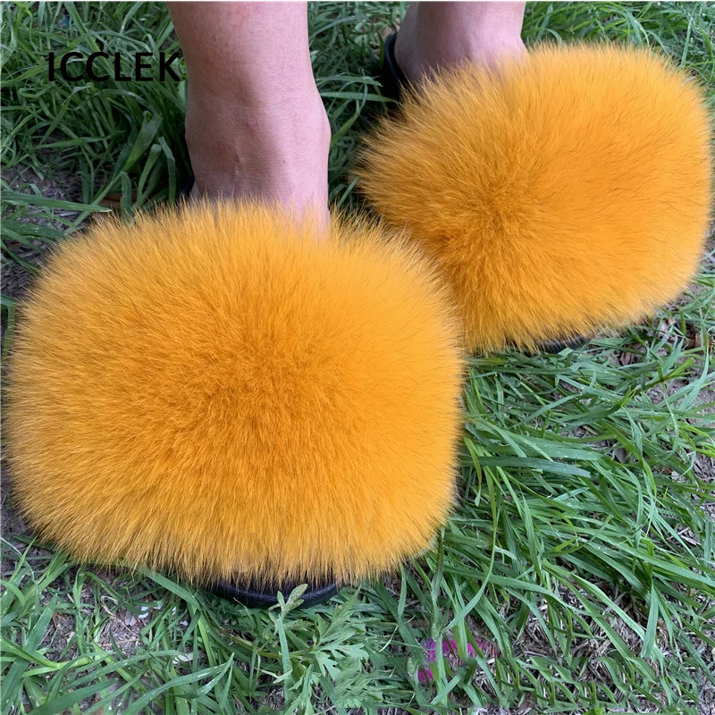 Full Fur Slippers Women Indoor Real Fox Fur Slides Fluffy Furry Flip Flops Beach Flat Sandals Plush House Slippers Summer Shoes