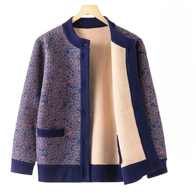 Women's Spring Autumn Blouse Jacket Cardigan Printed Velvet Thickened Warm Middle-aged Simple Comfortable Soft Niche Versatile
