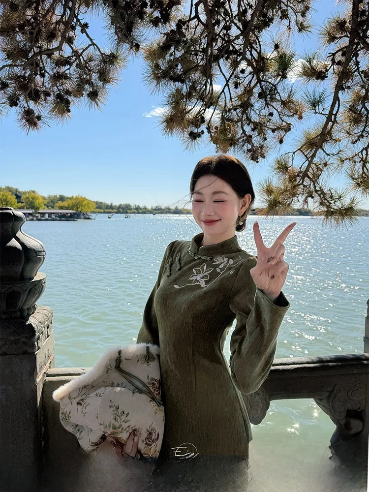 

Женское осенне-зимнее платье Ele Long Sve Dr с вышивкой в стиле ретро, китайский стиль, теплое, комфортное, хорошо сидит