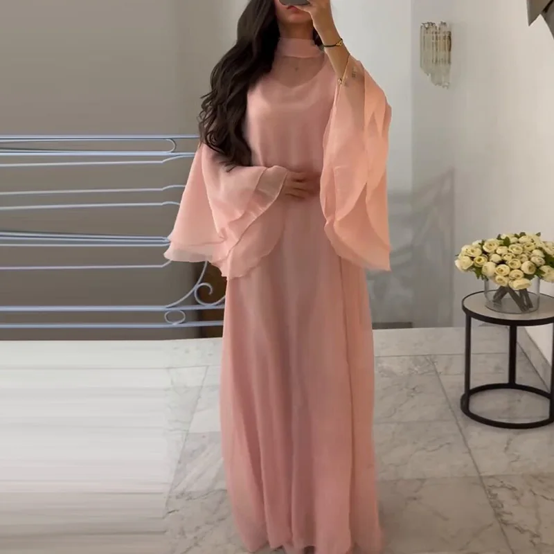 Muslim New Turtleneck Flare Sleeve Loose Robe Elegant Solid Color Simple Vestido Dress Lady Spring New Pleat Evening Party Dress