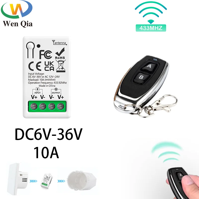 WenQia Wireless Remote Control light Switch DC 6V 12V 24V Ac 12V 10A Relay Receiver 50M Range Remote Control for Led Lamp Fan