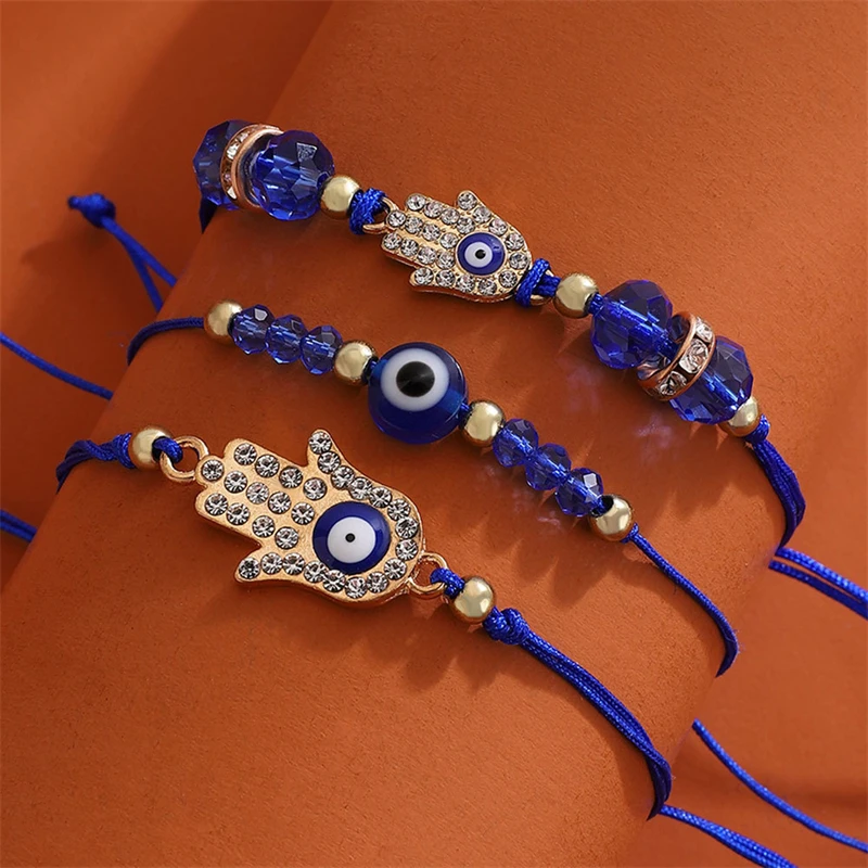 3Pcs Evil Eye Bracelet for Women Lucky Amulet Protection Rhinestone Flower Butterfly Handmade Adjustable Wristband Charm Jewelry